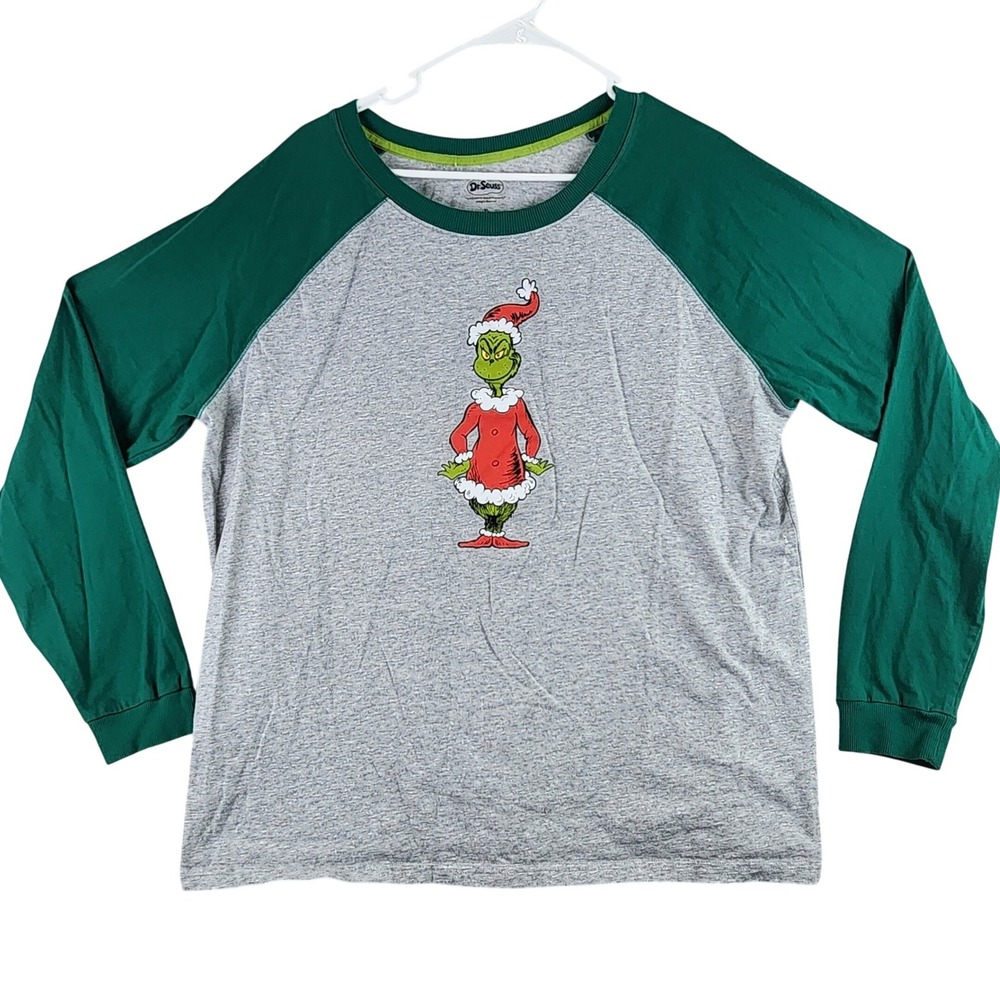 Dr Seuss The Grinch Raglan Long Sleeve Christmas Shirt Mens XL Gray Green